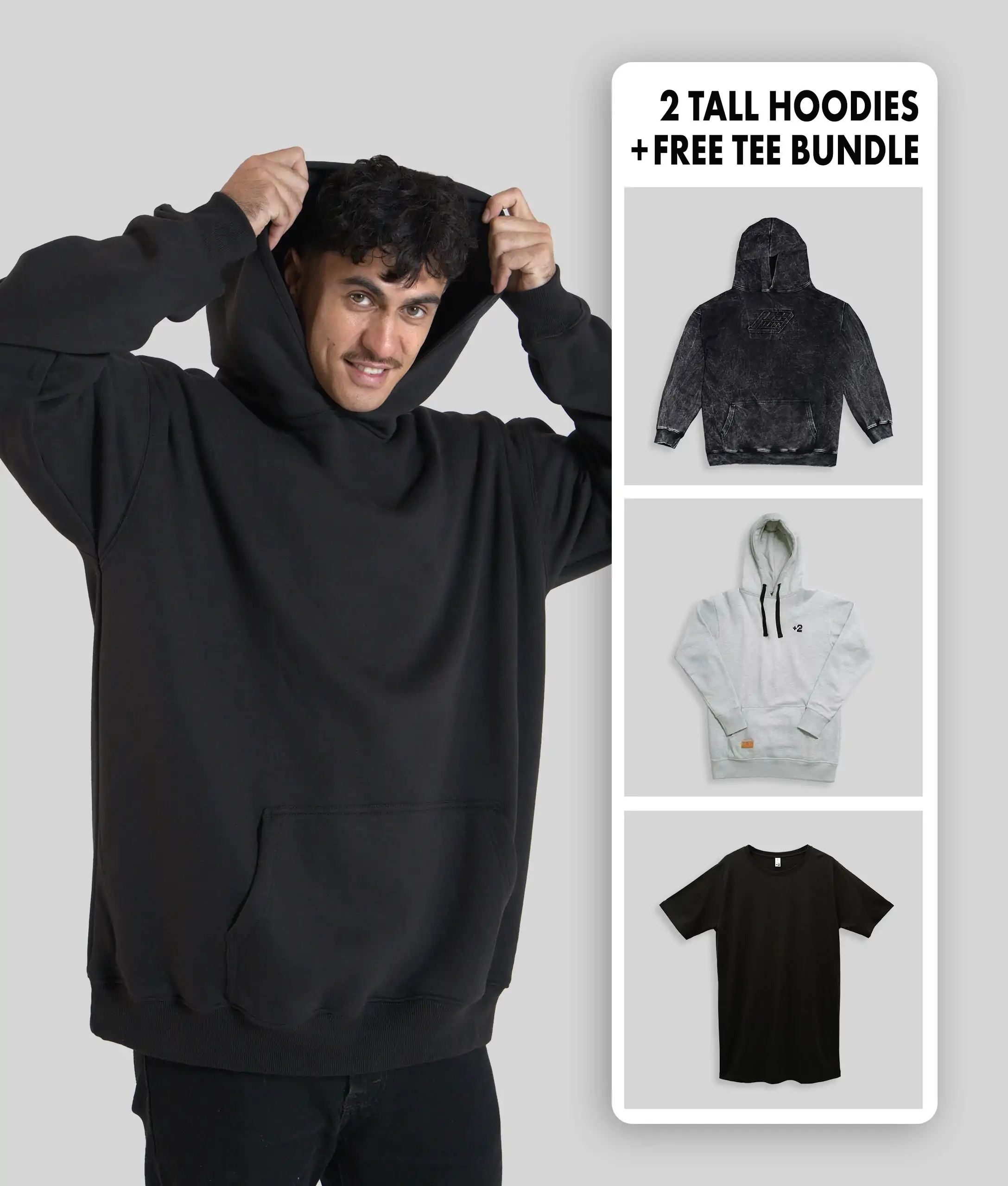 2 Tall Hoodies + Free Tee - Plus 2 Clothing